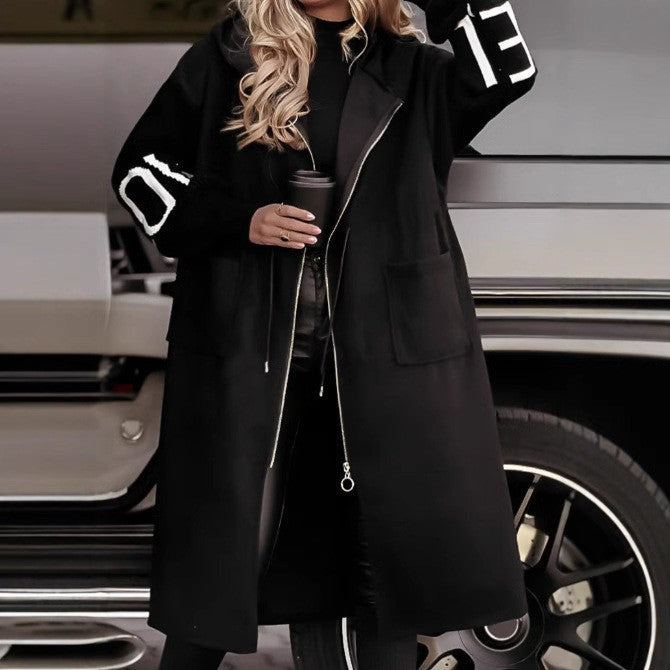 Women's Long Hooded Coat Knit Sleeve Patchwork Jacket