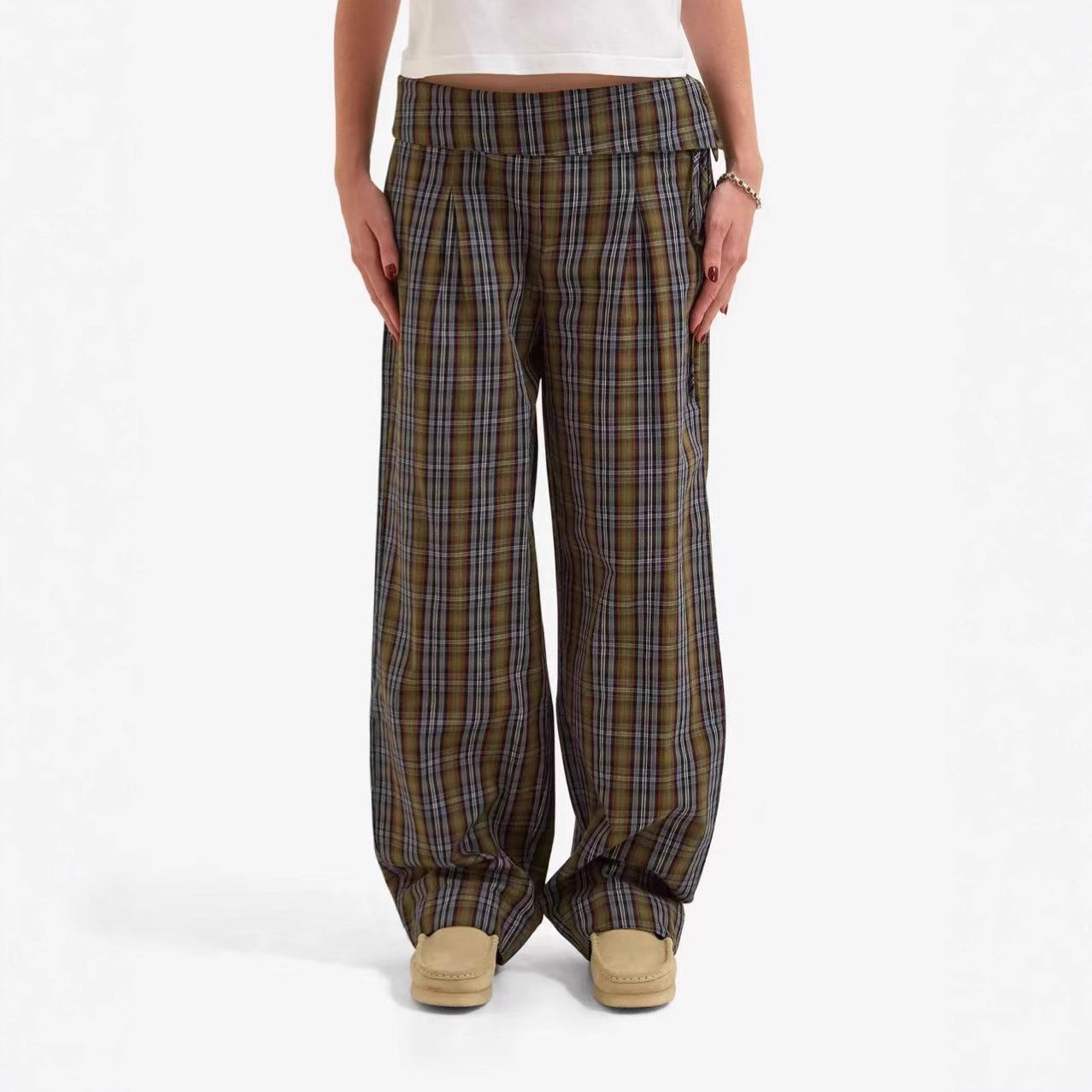 Women's Plaid Wide Leg Pants Casual Loose Fit