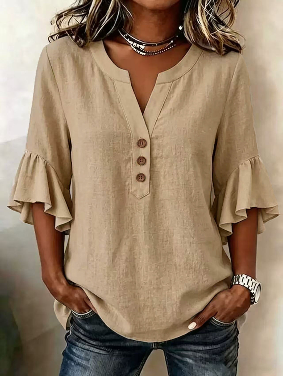 Cotton Linen Blouse V Neck Ruffle Sleeve Women's Top