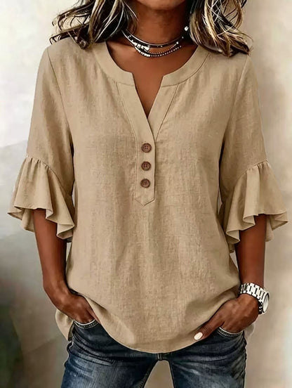 Cotton Linen Blouse V Neck Ruffle Sleeve Women's Top