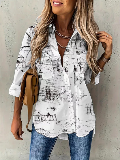 Oversized Scenic Sketch Button Down Pocket Shirt