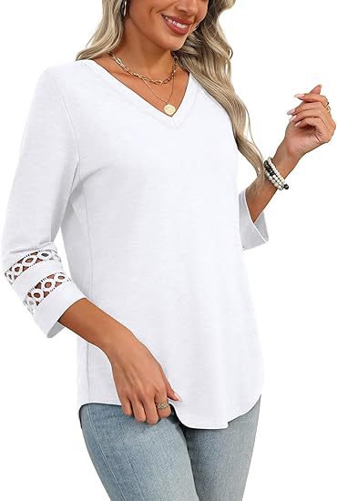 White V-Neck Lace Sleeve Casual Knit Top for Women
