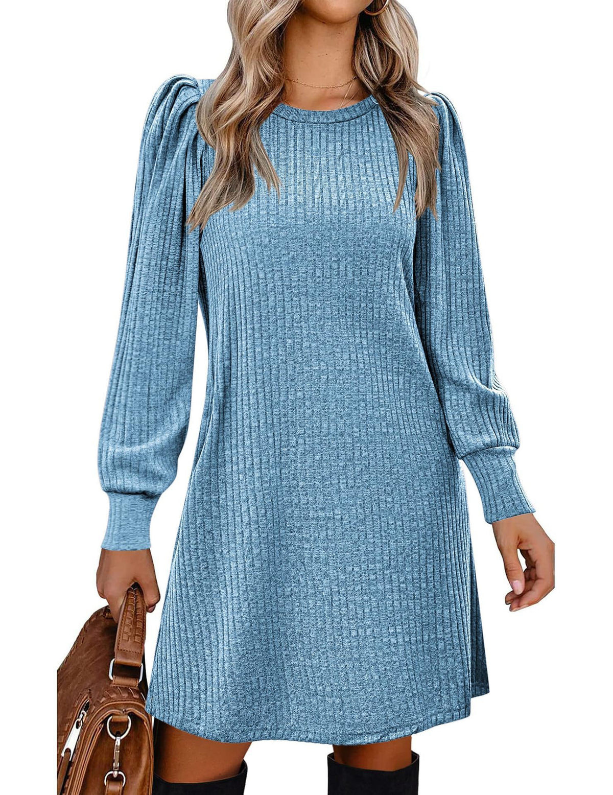 Women's Puff Sleeve Ribbed Knit Sweater Dress with Pockets
