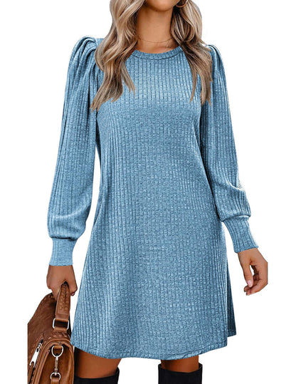Women's Puff Sleeve Ribbed Knit Sweater Dress with Pockets