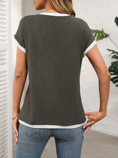 Women's Ribbed Color Block Pocket Tee Short Sleeve