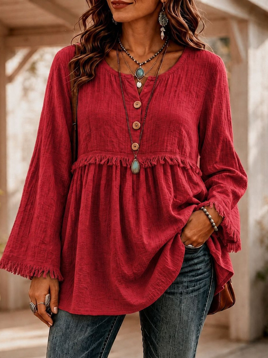 Fringe Trim Button Front Long Sleeve Boho Blouse