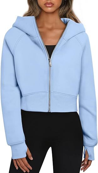 Women's Cropped Zip Up Hoodie Fleece Long Sleeve Jacket