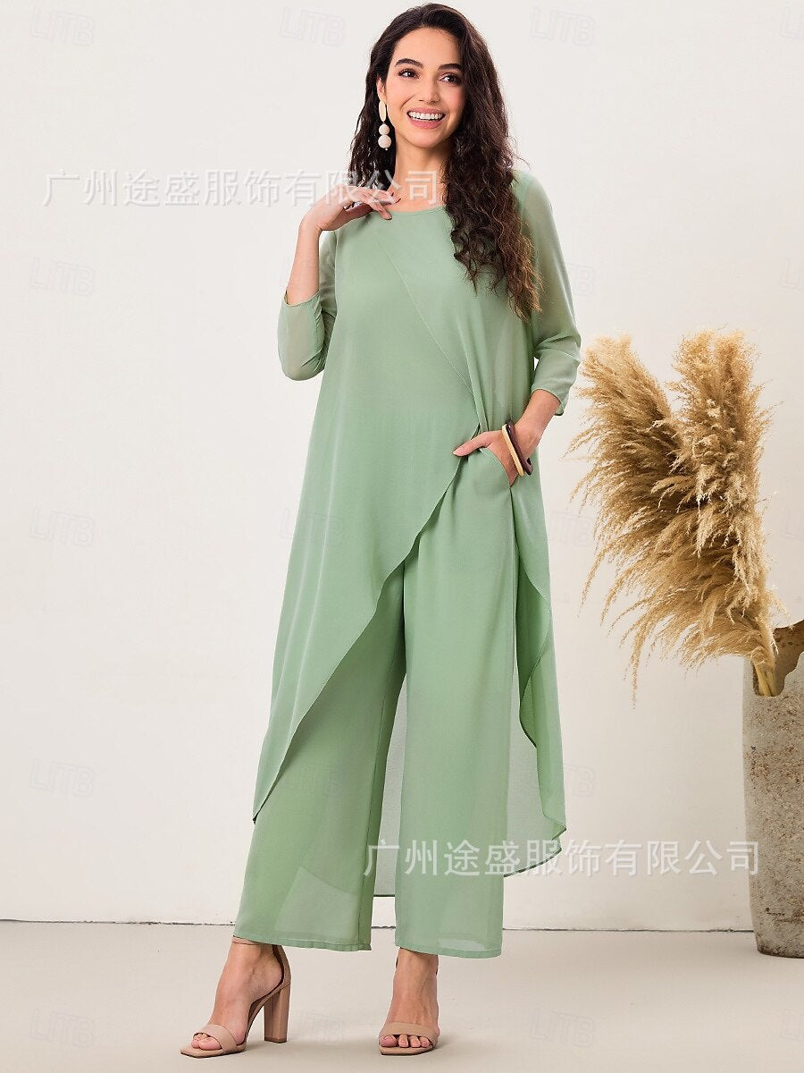 Women's Casual Two Piece Set Long Sleeve Top Wide Leg Pants