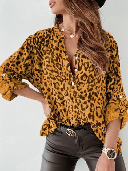 Women's Leopard Print Long Sleeve Button Down Blouse