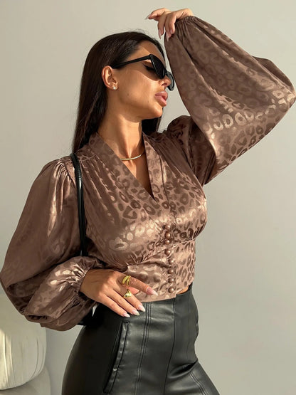 Women's Leopard Jacquard V-Neck Balloon Sleeve Blouse