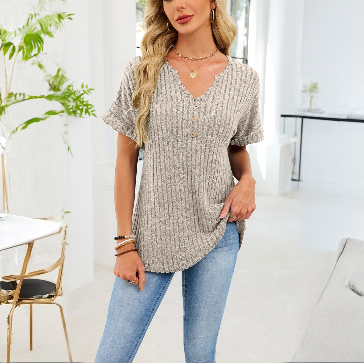 Ribbed V-Neck Button Top – Loose Fit Summer Casual Tee