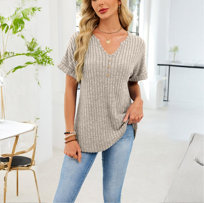 Ribbed V-Neck Button Top – Loose Fit Summer Casual Tee