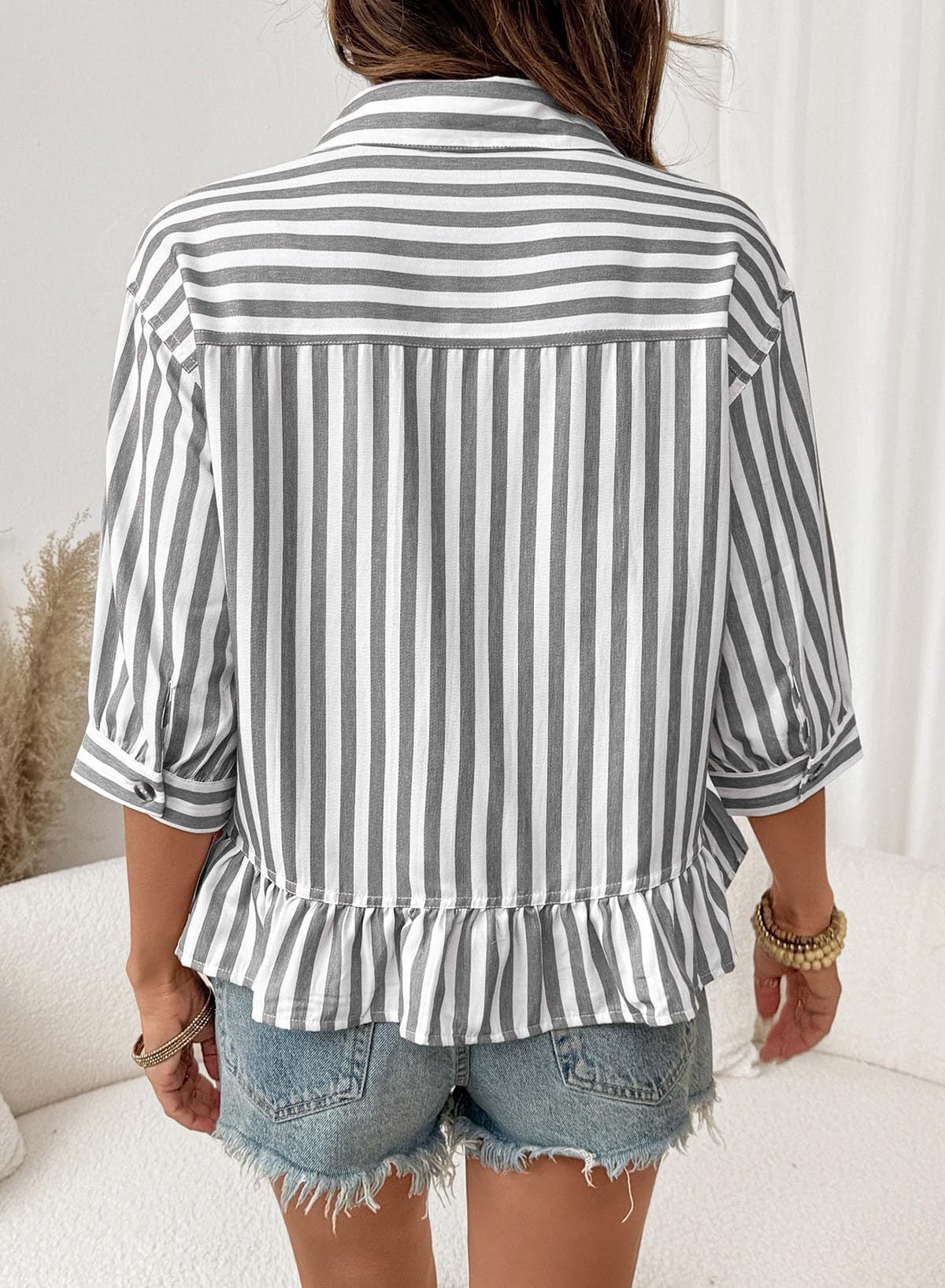 Striped Button Down Ruffle Hem 3/4 Sleeve Blouse