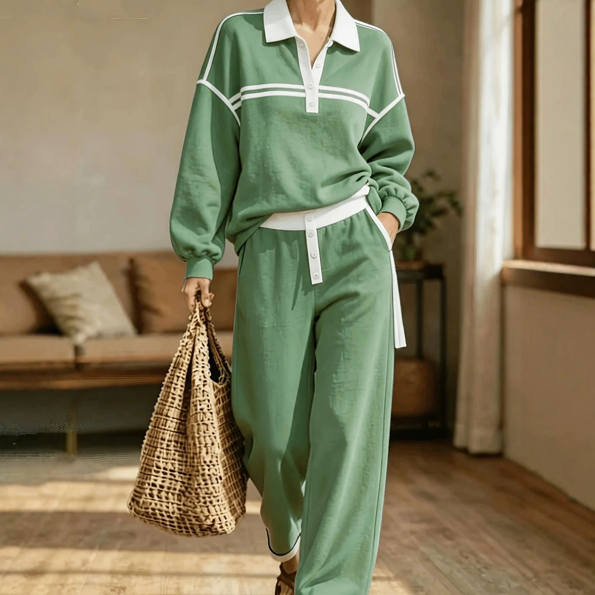 Women's Striped Polo Sweatshirt Wide Leg Pants Set