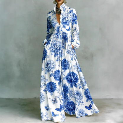 Boho Floral Maxi Dress Long Sleeve Button Down Pleated