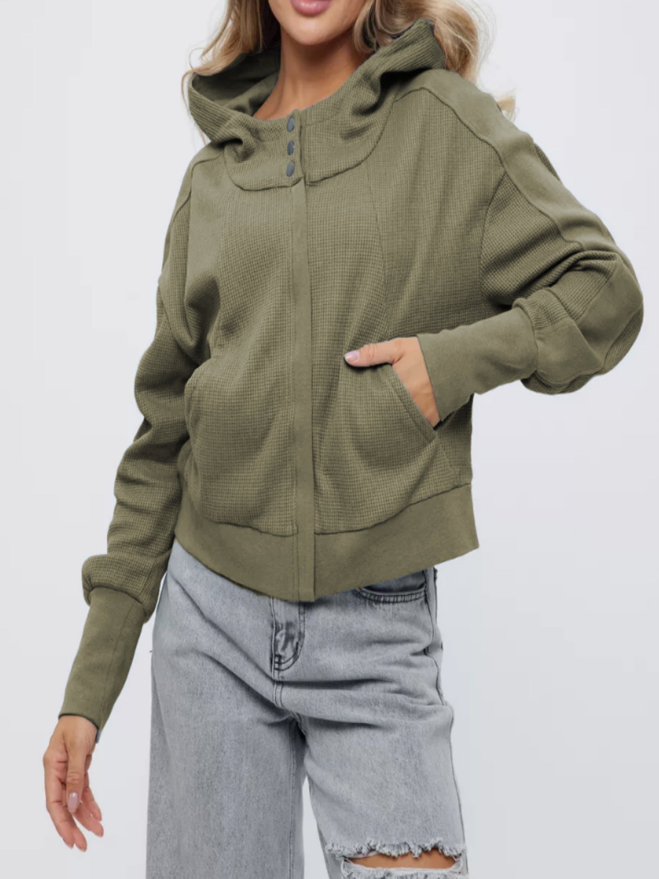 Women's Oversized Waffle Knit Zip Up Hoodie