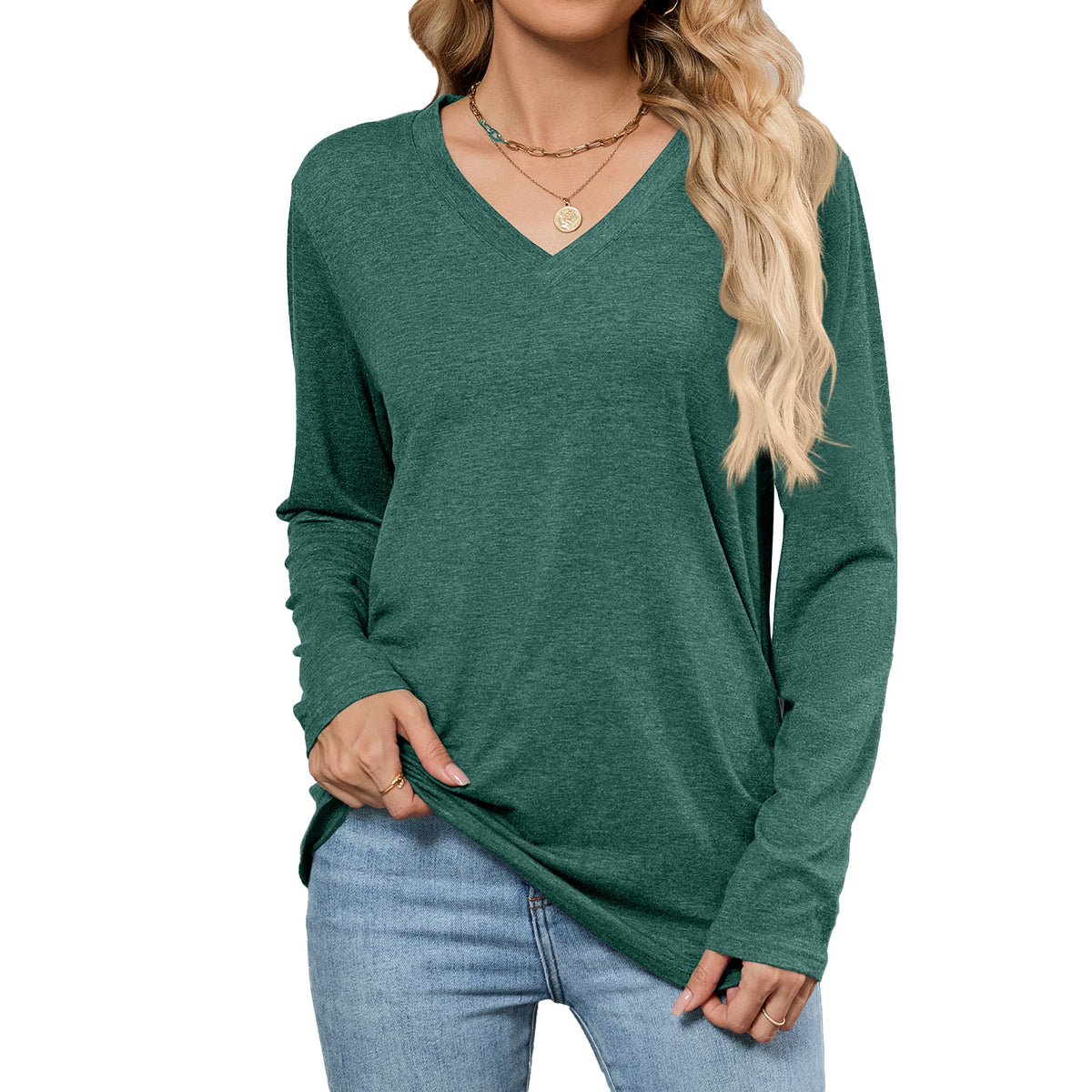 Women's V-Neck Long Sleeve Oversized Tunic Top Shirred