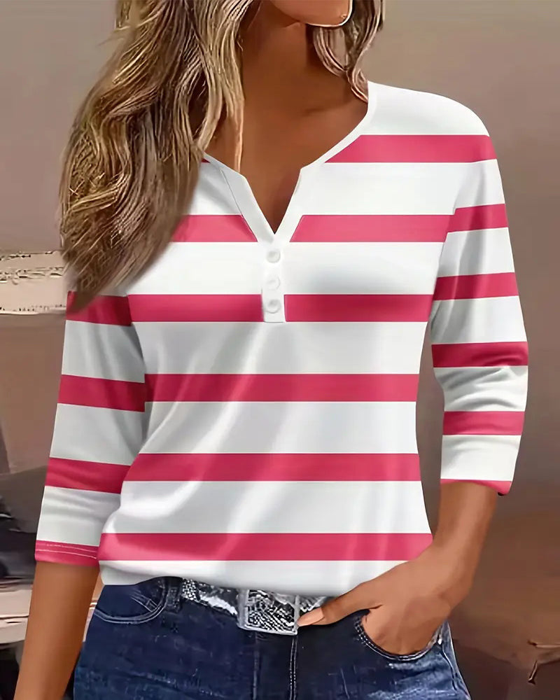 Women's Casual Striped V-Neck Button Henley Top