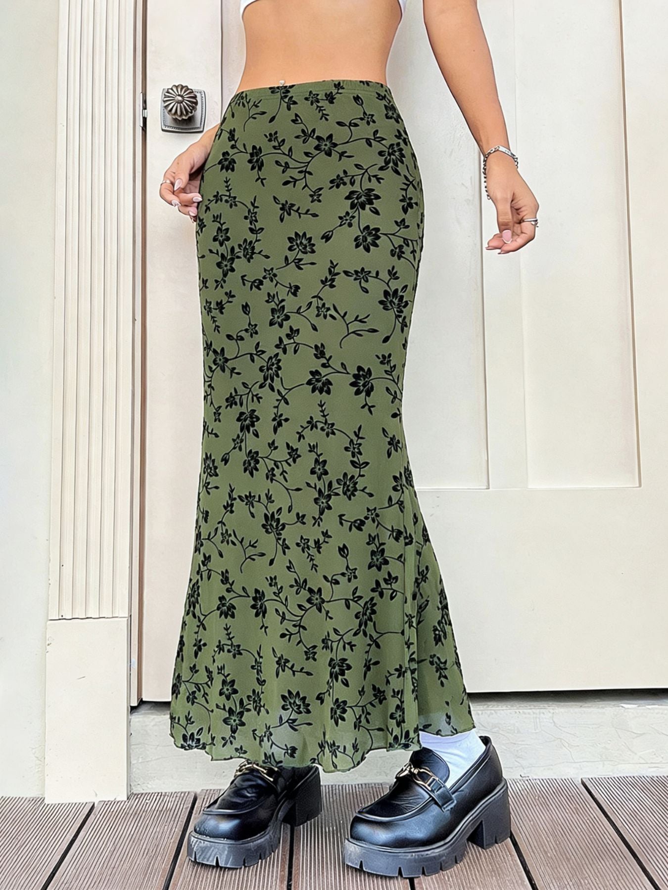 Green Floral Fishtail Midi Skirt for Women