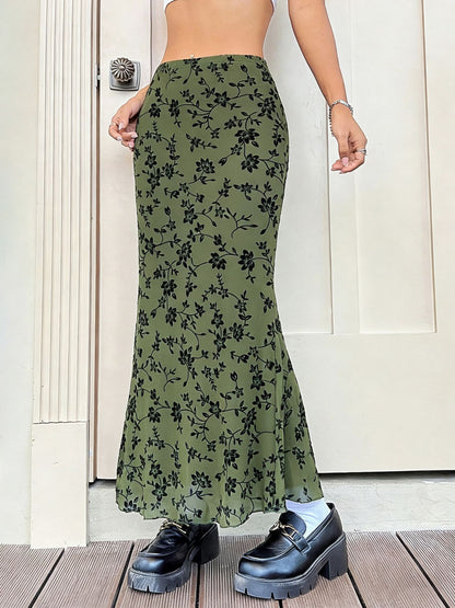 Green Floral Fishtail Midi Skirt for Women
