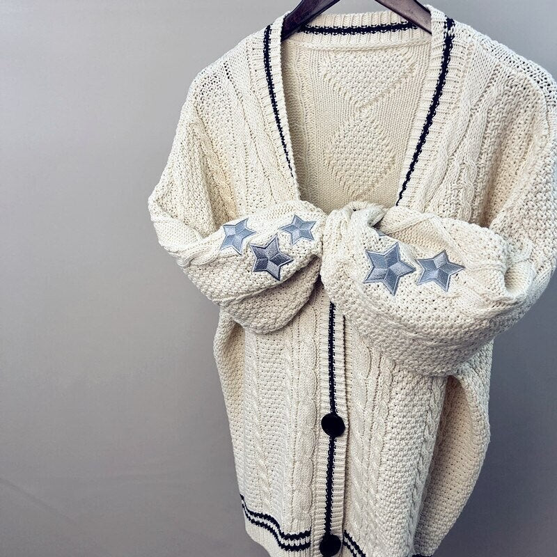 Oversized Chunky Star Embroidered V-Neck Cardigan