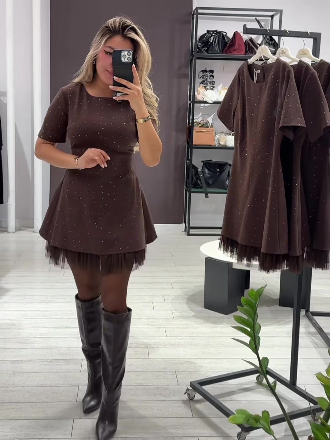 Rhinestone Lace Trim Short Sleeve A-Line Mini Dress