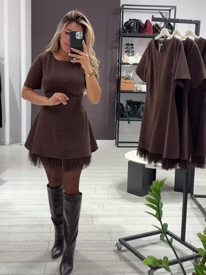 Rhinestone Lace Trim Short Sleeve A-Line Mini Dress