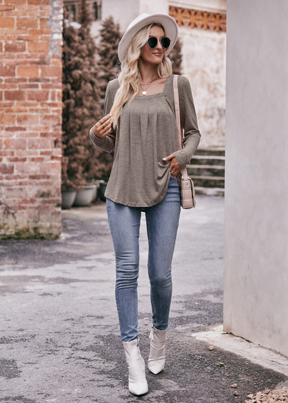 Square Neck Pleated Long Sleeve Top for Women