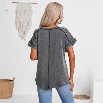 Women's V Neck Short Sleeve Ribbed Loose Casual T-Shirt