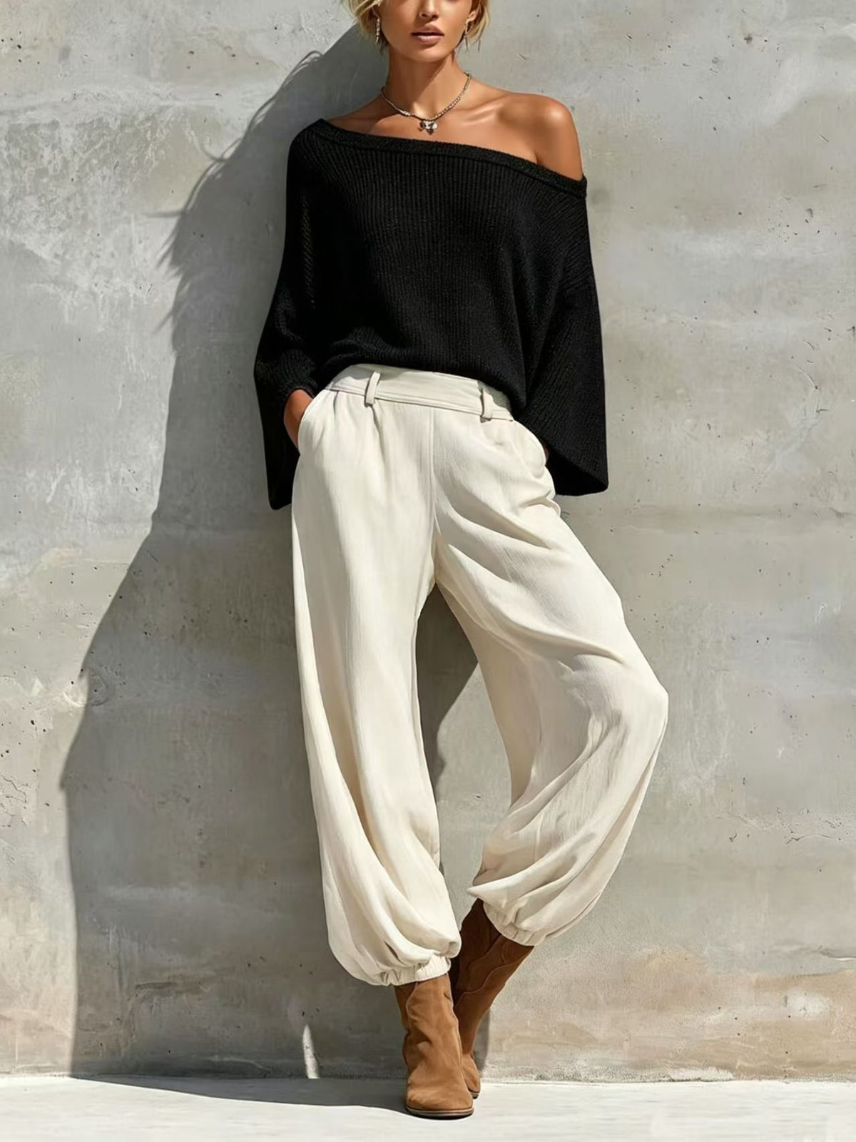 Women's Off Shoulder Knit Top & Wide Leg Pants Set