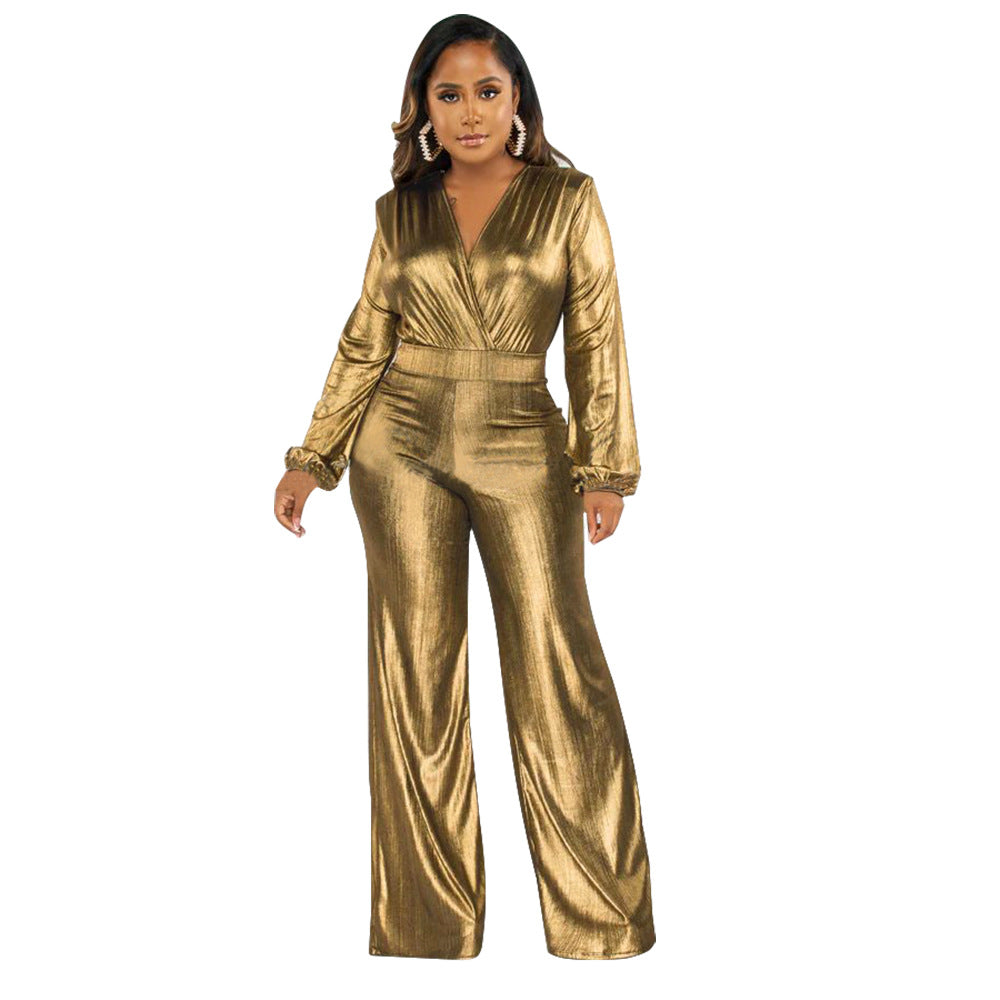 Sexy Metallic V-Neck Long Sleeve Flare Jumpsuit
