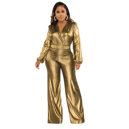 Sexy Metallic V-Neck Long Sleeve Flare Jumpsuit