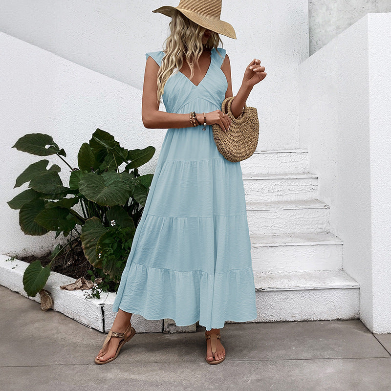 Boho V Neck Sleeveless Tiered Maxi Dress Beach Vacation