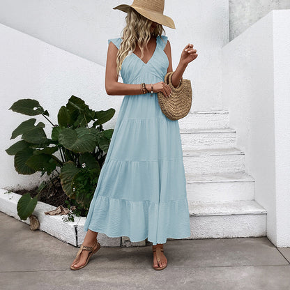 Boho V Neck Sleeveless Tiered Maxi Dress Beach Vacation
