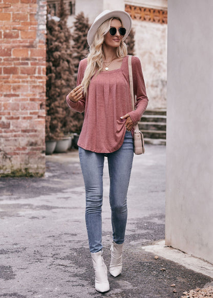 Square Neck Pleated Long Sleeve Top for Women