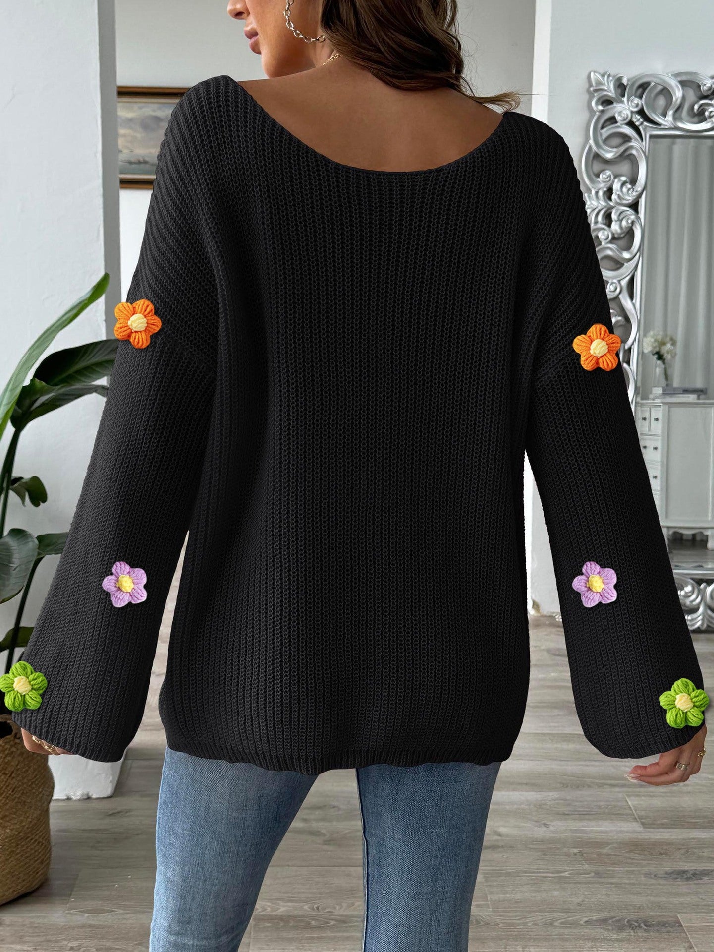 Off-Shoulder Knit Sweater with Crochet Flower Detail