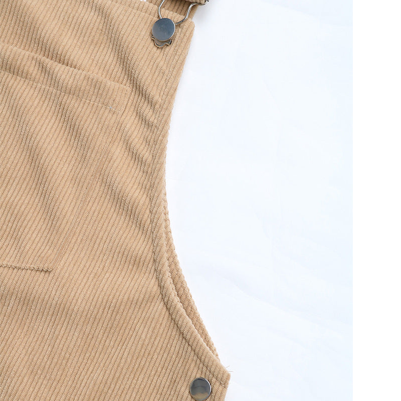 Women's Corduroy Overall Pinafore Khaki Dress with Pocket