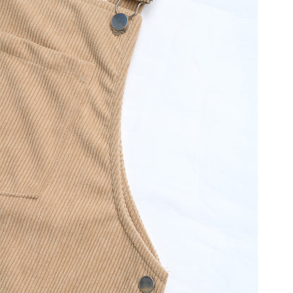 Women's Corduroy Overall Pinafore Khaki Dress with Pocket