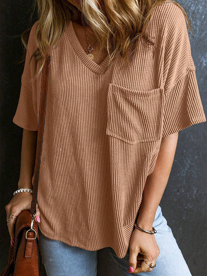 Women’s Ribbed V Neck Short Sleeve Pocket Tee