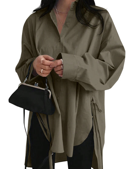 Womens Oversized Shirt Side Tie High Low Long Sleeve Tunic