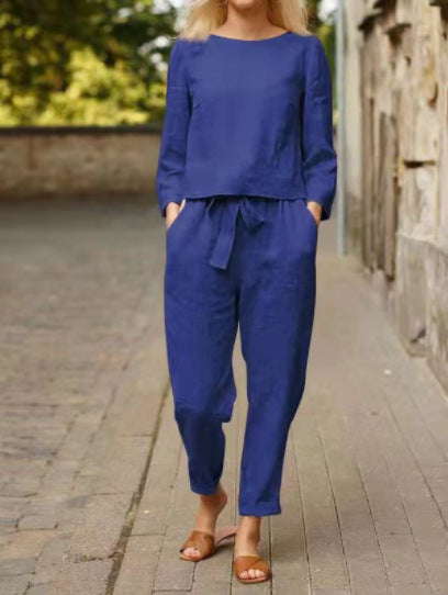 Women's Linen Blend Two Piece Set Long Sleeve Top & Pants