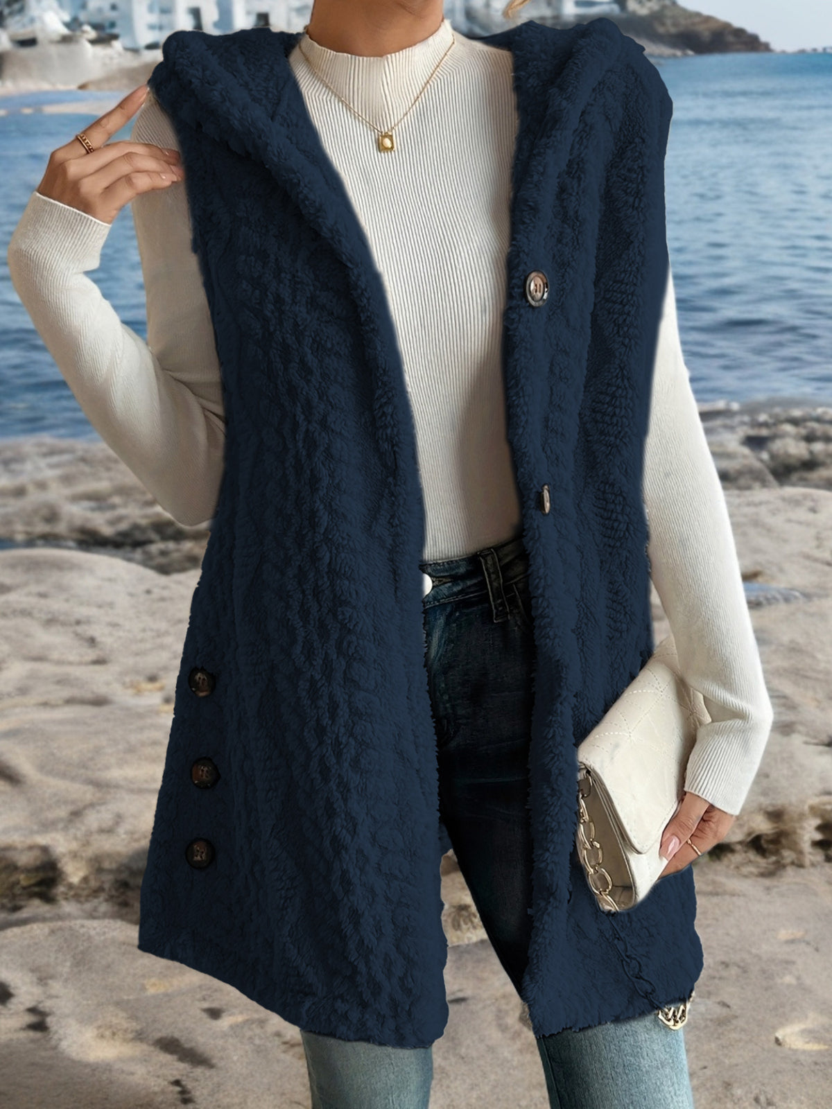Women Sherpa Hooded Button Down Long Vest