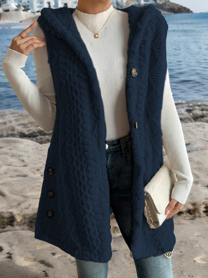 Women Sherpa Hooded Button Down Long Vest