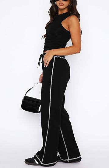 High Waist Wide Leg Jogger Pants with Contrast Stitching