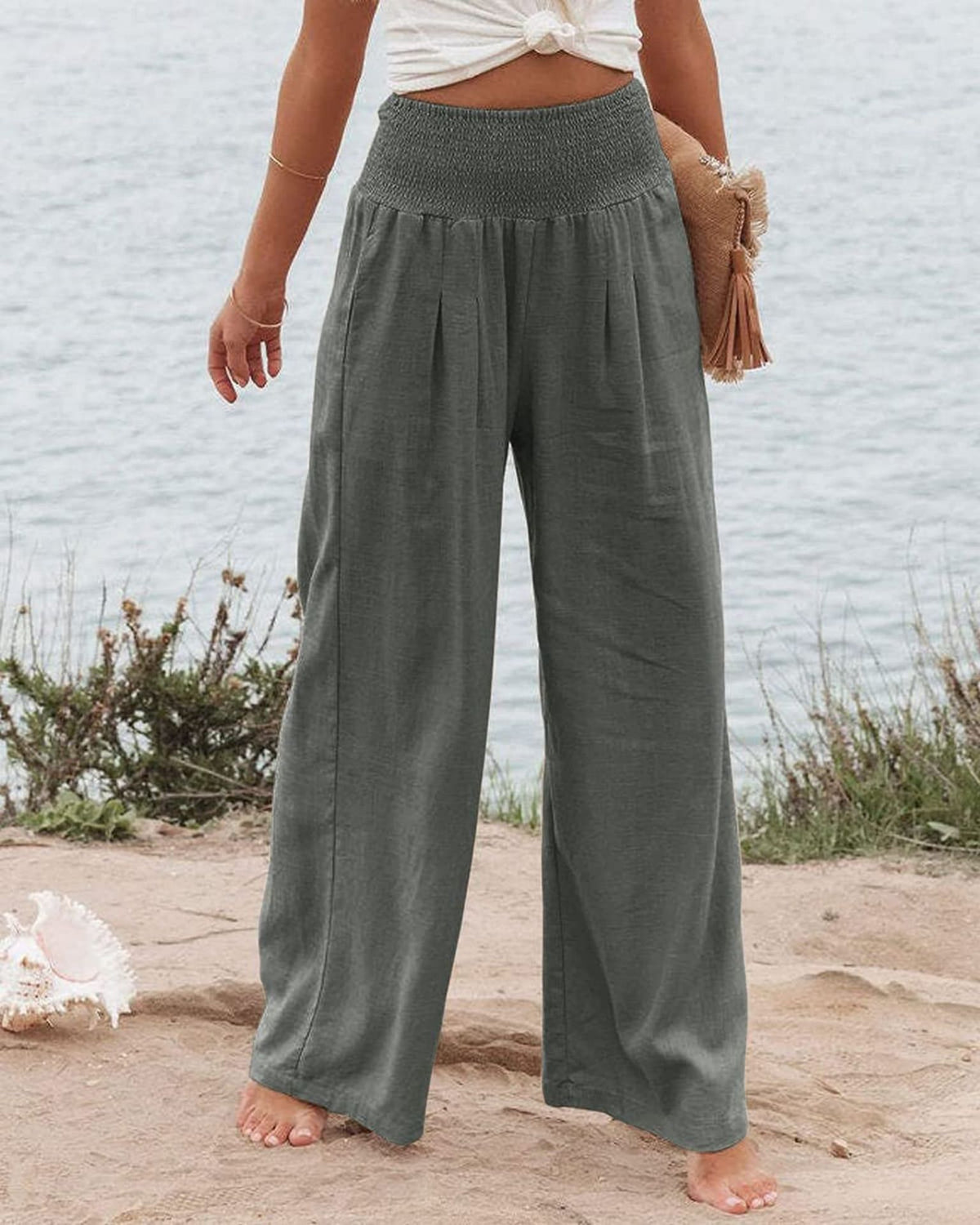 Women's Smocked High Waist Wide Leg Cotton Pants Pockets