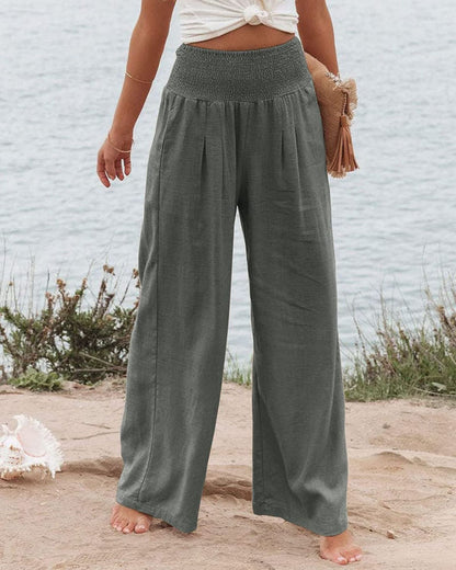 Women's Smocked High Waist Wide Leg Cotton Pants Pockets