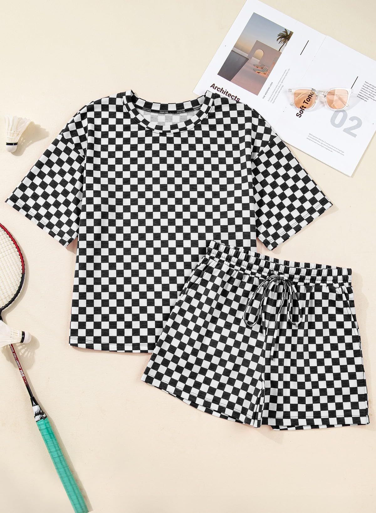 Rose Red Checkerboard Tee and Drawstring Shorts Set