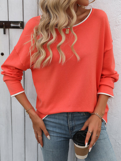 Coral Colorblock Crew Neck Long Sleeve Knit Sweater