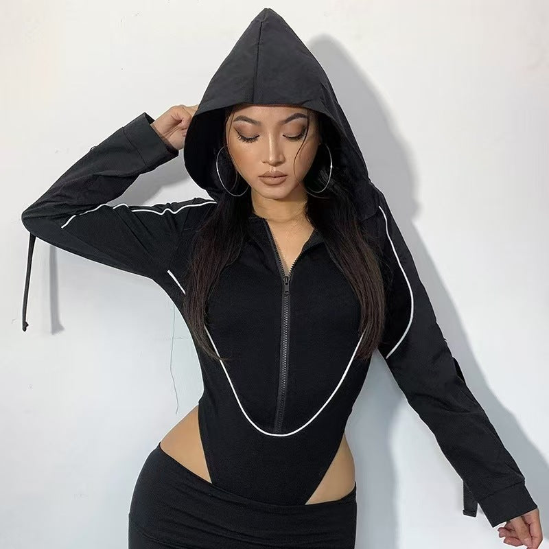 Women Hooded Cut Out Bodysuit Long Sleeve Streetwear