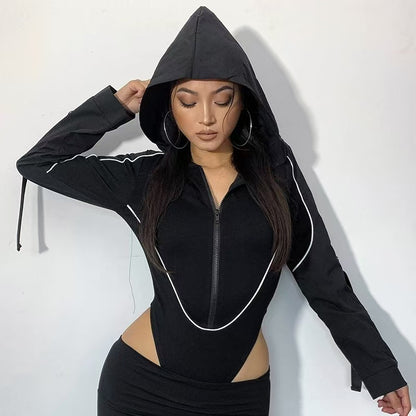 Women Hooded Cut Out Bodysuit Long Sleeve Streetwear